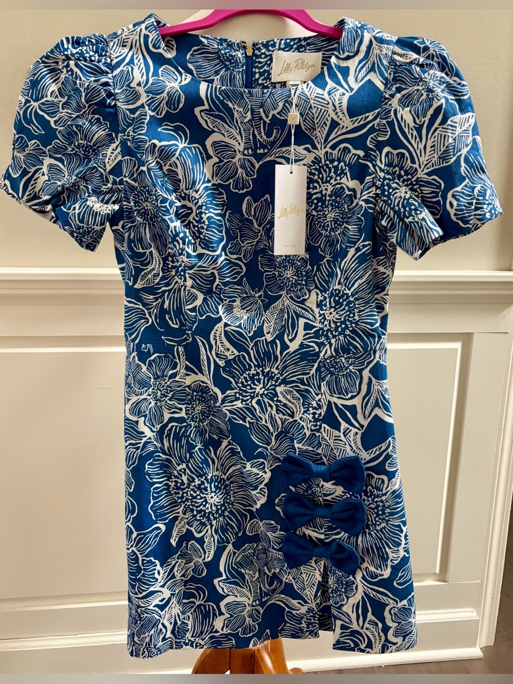 Lilly Pulitzer Lala Skirted Romper Blue & White Floral Puff-Sleeve Dress Size 0